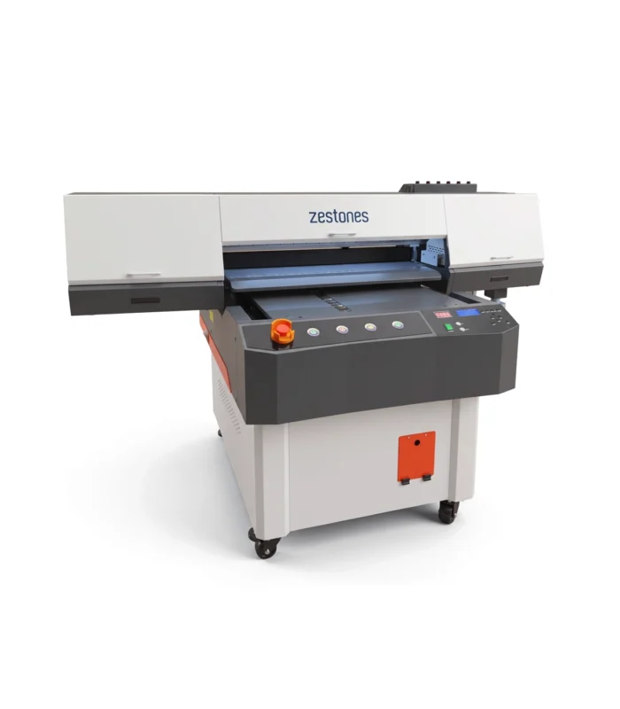 Beyaz fonda Zestones 90×60 üç kafalı I3200 UV flatbed baskı makinesi